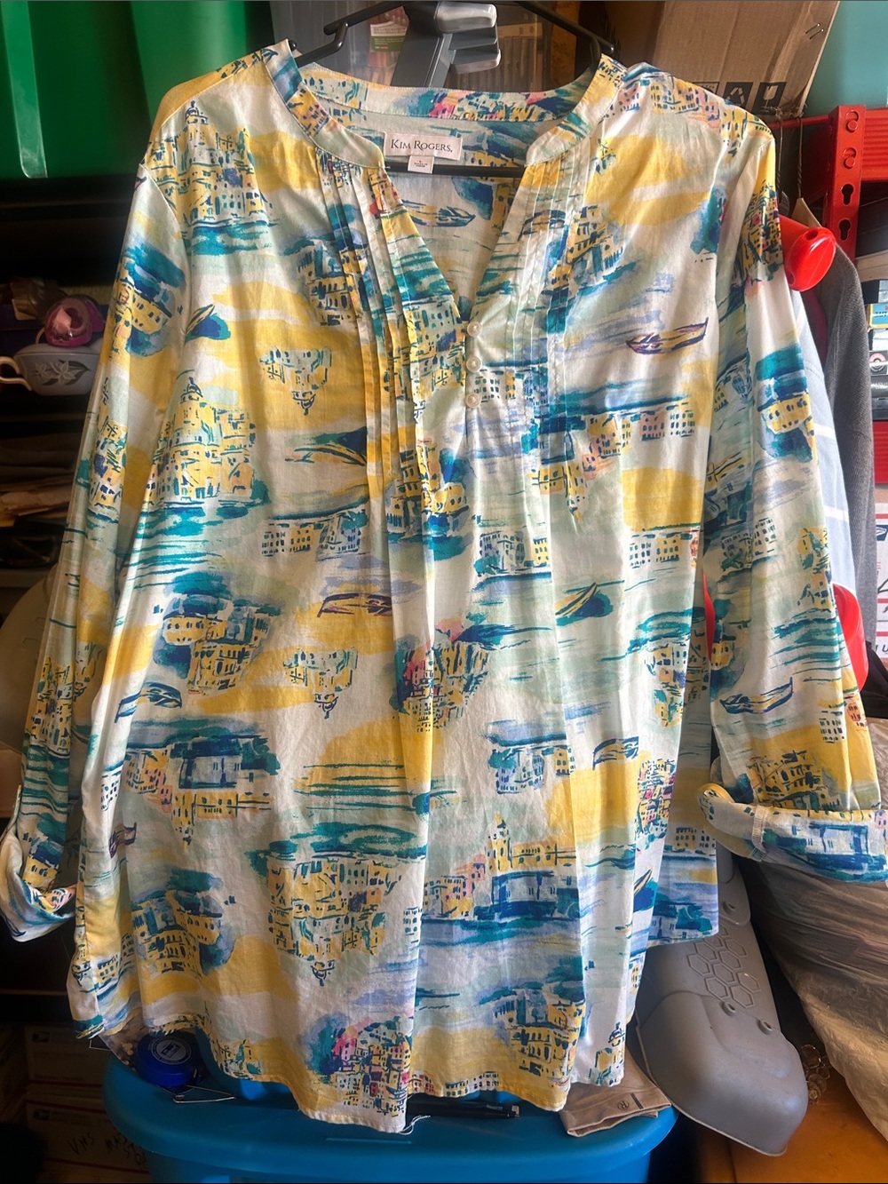 Kim Rogers Yellow, Blue & White coastal Printed Top shirt large 100% cotton